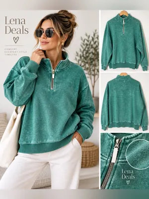 Zenana Vintage-Inspired Acid Wash Fleece Half Zip Sweatshirt Hunter Green Sz Med thumbnail 2
