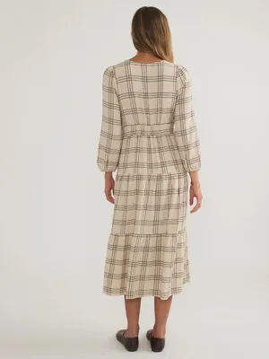 Marine Layer Maeve Maxi Dress NWOT Small Cream Windowpane Plaid Tiered V-Neck thumbnail 4