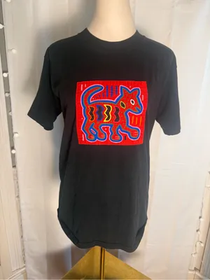 Gildan Vintage Mola Cat Applique Black Graphic T Shirt USA Single Stitch Size Medium thumbnail 1
