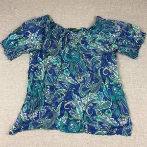 Lauren Ralph Lauren Blouse Womens M Blue‎ Off The Shoulder Ruffle Paisley thumbnail 1