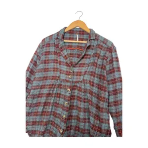 Free People Top Womens Extra Small Blue Wool Blend Plaid Button Up Boho Cottage thumbnail 4