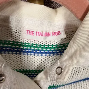 The Italian Mob Striped Knit‎ Sweater White Blue Green Snap Collar Pullover thumbnail 2