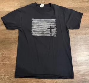 Fruit of the Loom Black Short Sleeve Tee with White Line Graphic and Cross thumbnail 1