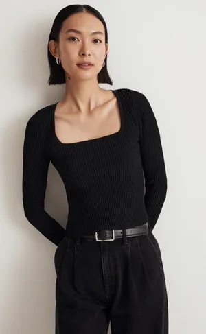 NEW Madewell Ottoman Black Ribbed Knit Square Neck Sweater Top Size XL thumbnail 1