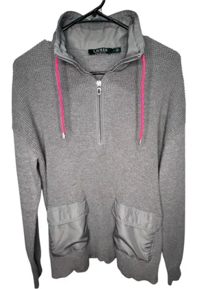 Lauren Ralph Lauren Grey Waffle Knit Quarter Zip Sweater With Pink Drawstring thumbnail 1