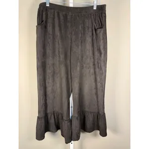 Umgee Black Velour Cropped Pants XL Boho Ruffle Hem Wide Leg thumbnail 2