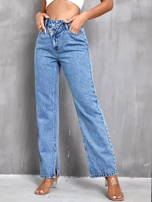 SheIn High Rise Cross Waist Straight Jeans thumbnail 1