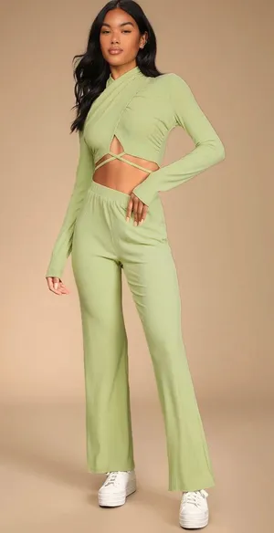 Lounge Lulu’s Light Green Ribbed Wide-Leg Pants thumbnail 1
