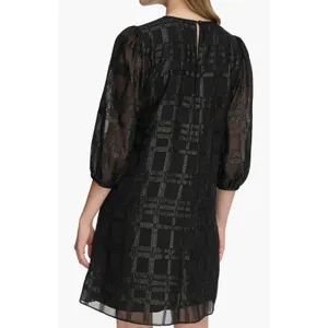Calvin Klein Metallic Windowpane Trapeze Dress | Black | Size 16 | Sheer Sleeve thumbnail 4
