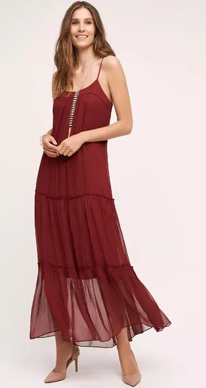 Anthropologie Floreat Saffa Chiffon Tiered Maxi Peasant Dress Women Size S Wine thumbnail 1