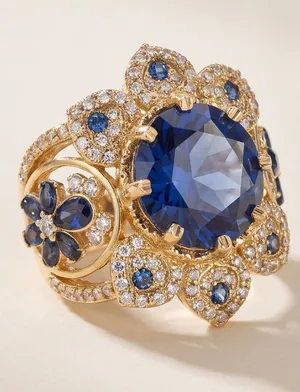 Gold-Tone Floral Halo Ring with Blue Stone - Women Jewelry thumbnail 1