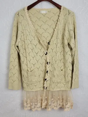 Altar'd State Womens Cardigan Size M/L Cream Lace Heart Wooden Buttons V Neck thumbnail 1