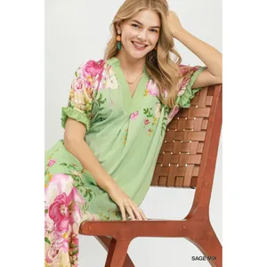 Umgee Mix Floral‎ Border Print Midi Dress - Sage Mix - Small thumbnail 6