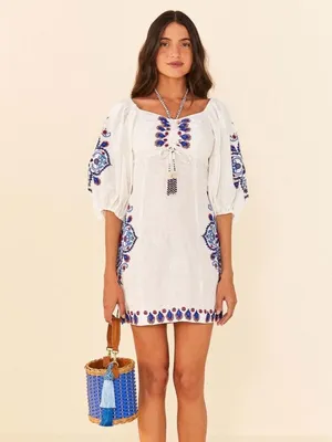 FARM Rio Off-White Navy Embroidery Mini Dress S thumbnail 5
