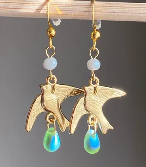 gold stainless bird cute retro vintage chic style dangle earrings 🕊️🩵 thumbnail 1
