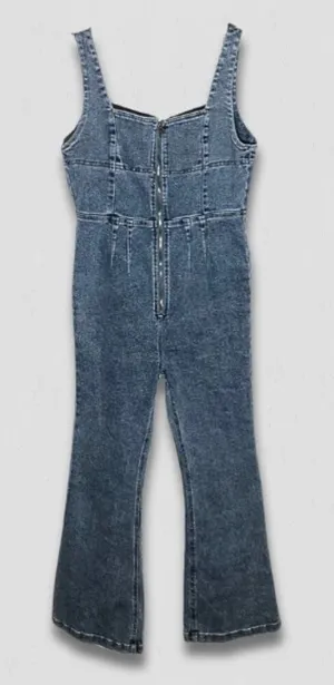 Emory Park Y2K denim jumpsuit bell-bottoms blue zip sexy fitted look groovy hippie boho M thumbnail 1