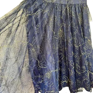 St. Gillian Navy Gold Embroidered Mesh Tiered Midi Skirt Size 6 thumbnail 6