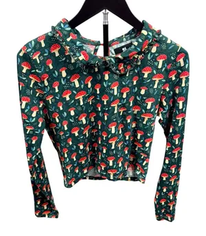 Standard Issue Mushroom Print Ruffle Collar Long Sleeve Top Green Red Small thumbnail 1