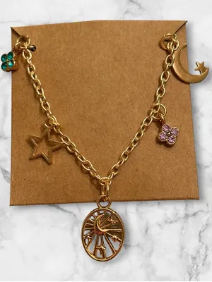 Gold Celestial Charm Necklace with Pink & Teal Accents thumbnail 1