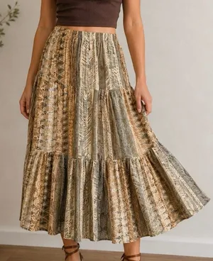 Vintage Petites Earthy Crinkle Rayon Tiered Patchwork Boho Maxi Skirt Festival‎ thumbnail 1