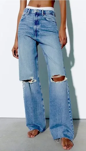 Zara TRF High Waist Wide Leg Distressed Jeans Raw Hem Light Wash US 6 EUC thumbnail 1