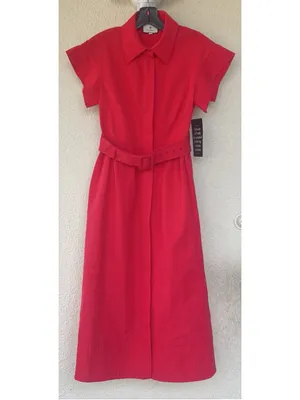 New Tuckernuck Red Chloe Midi Dress XS Belted Collared Moir Classic Elegant thumbnail 7