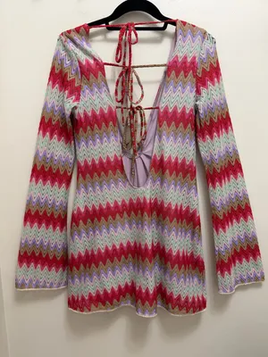Show Me Your MuMu Monte Carlo Crochet Knit Romper Mini Dress in Riviera Zigzag M thumbnail 4