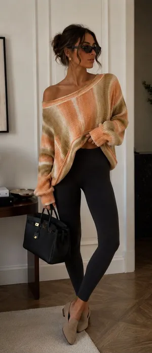 Urban Outfitters Striped Off-Shoulder Sweater in Peach, Cream & Olive thumbnail 1
