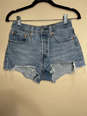 Levi’s 501 High Rise Distressed Raw Hem Button Fly Frstuval Cowgirl Denim Shorts thumbnail 2