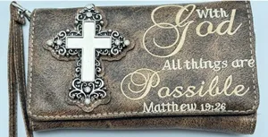 Faux Leather Trifold Brown Wallet Christian Organizer Clutch Matthew 19:26 Cross thumbnail 1