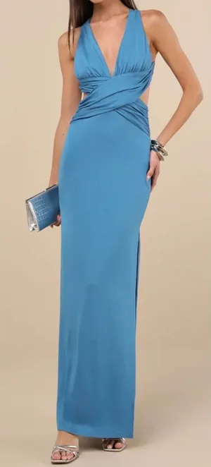 NWT Lulus Size XS Alexandria Turquoise Backless Column Maxi Dress Blue thumbnail 1