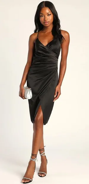 Lulus Satin Black MIDI Lace Up Dress Size Small thumbnail 1