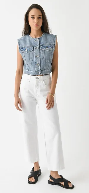 Agolde Leo Denim Vest Frayed Crop Trucker Sleeveless Button Down Womens‎ Large thumbnail 1