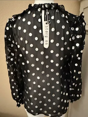 Black Polka Dot Sheer Long-Sleeve Blouse with Ruffled Neckline thumbnail 6