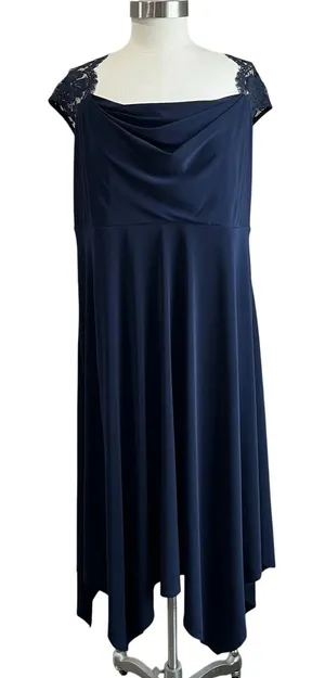 Catherine’s Navy Lace ‎ Draped Bodice Handkerchief Hem Formal Dress 1X thumbnail 1