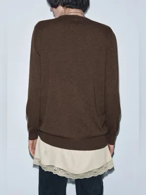 Zara Lace Trimmed Cashmere Wool Blend Sweater Women’s Top Sz M Dark Mink Paris thumbnail 2
