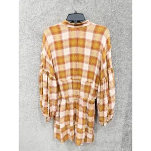 Free People Women Dress XS Brown Plaid Balloon Sleeve Mini Shirt Dress thumbnail 11