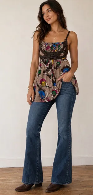 Vintage Sky Multicolor Feather-Print Casual Dress with Braided Brown Waist thumbnail 1