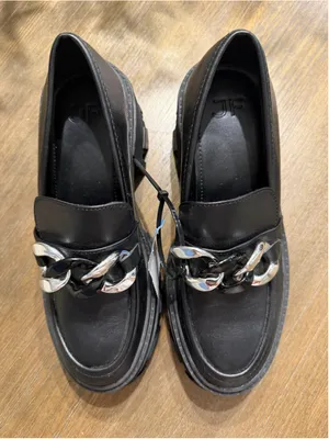 J.F. J.Ferrar Black Loafers with Silver Chain Detail, Size 6 thumbnail 1