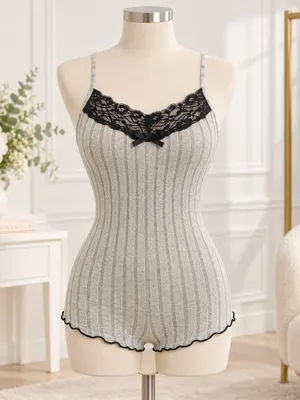 Khaki Gray Ribbed Lace Butterfly Back Lounge Romper NWT Size Small thumbnail 4
