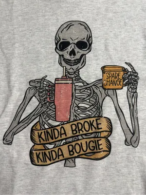 Gildan Light Gray Tee with Skeleton 'Kinda Broke Kinda Bougie' Graphic thumbnail 5