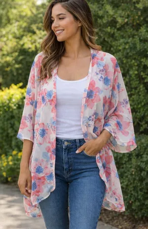 NWOT Floral Sheer Kimono Cardigan Open Front S/M (Fits Like L) Boho Lightweight thumbnail 1