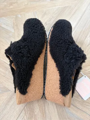 Papillio Birkenstock Fanny Teddy Shearling Clog Mule Wedge Black Size 39 US 8 thumbnail 4