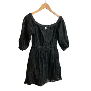 Milly Black Eyelet Cotton Mini Dress 3/4 Puff Sleeve Elastic Waist Pockets‎ P thumbnail 3