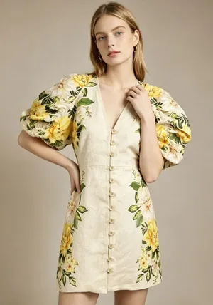 NWOT Farm Rio Linen Sand Garden Cascade Puff Sleeves Mini Dress Size M thumbnail 1