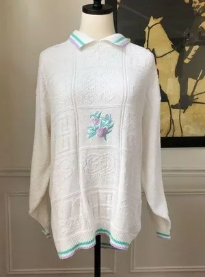 Vintage Embroidered Patchwork Cotton Sweater M White Size M thumbnail 1