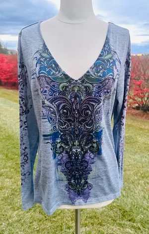 Live & Let Live Blue & Purple Printed Embellished Long Sleeve Top Women's thumbnail 1