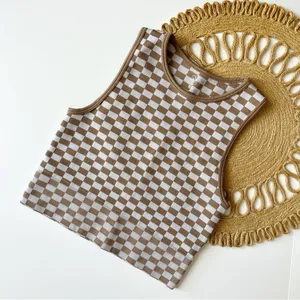 Aura Tan & White Checkered Crop Tank Top thumbnail 1