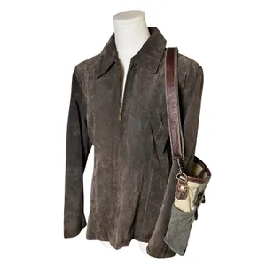 Brown Suede Leather Zip‎ Jacket Collared 90s Minimalist Relativity Women M thumbnail 2
