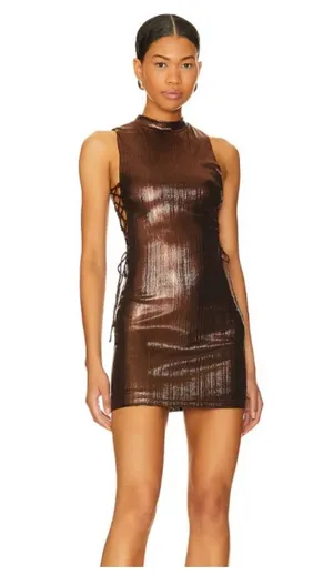 Revolve NWT Superdown Theresa Lace-Up Dress Bronze Metallic, size XS thumbnail 1
